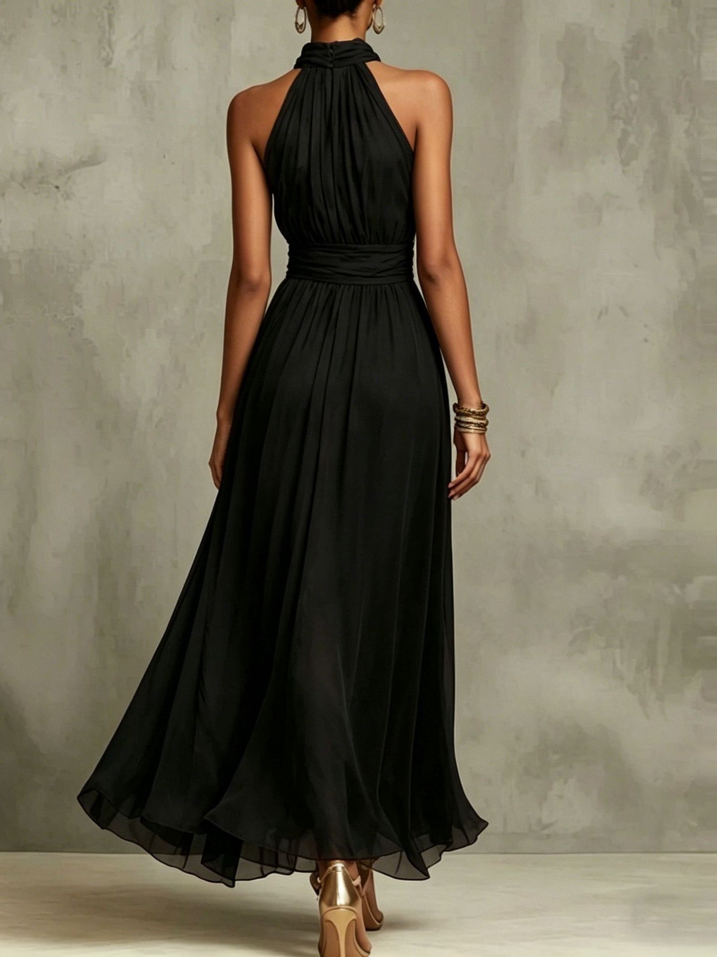 Elegant Halter Maxi Dress for Women with Pleated Chiffon Flowing Skirt Formal Wedding Guest Style