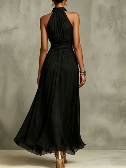 Elegant Halter Maxi Dress for Women with Pleated Chiffon Flowing Skirt Formal Wedding Guest Style