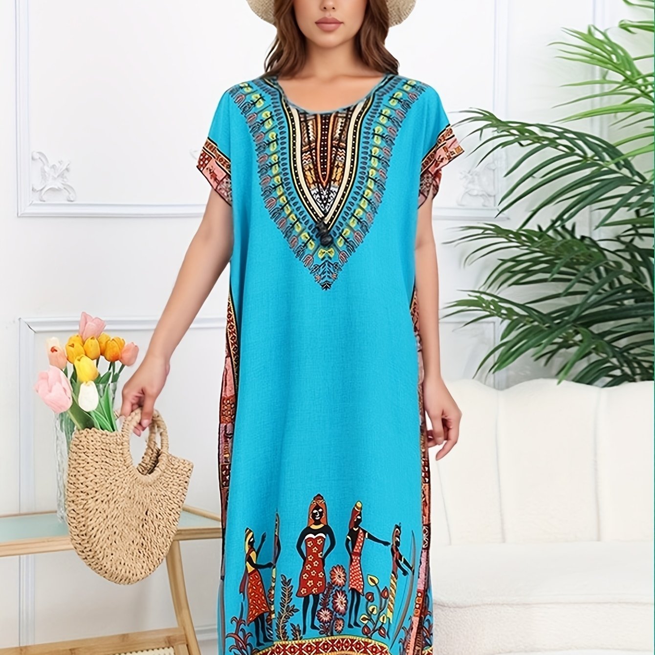 Effortless Dashiki Print Kaftan Dress for Women with V Neck Short Sleeve Relaxed Bohemian Style