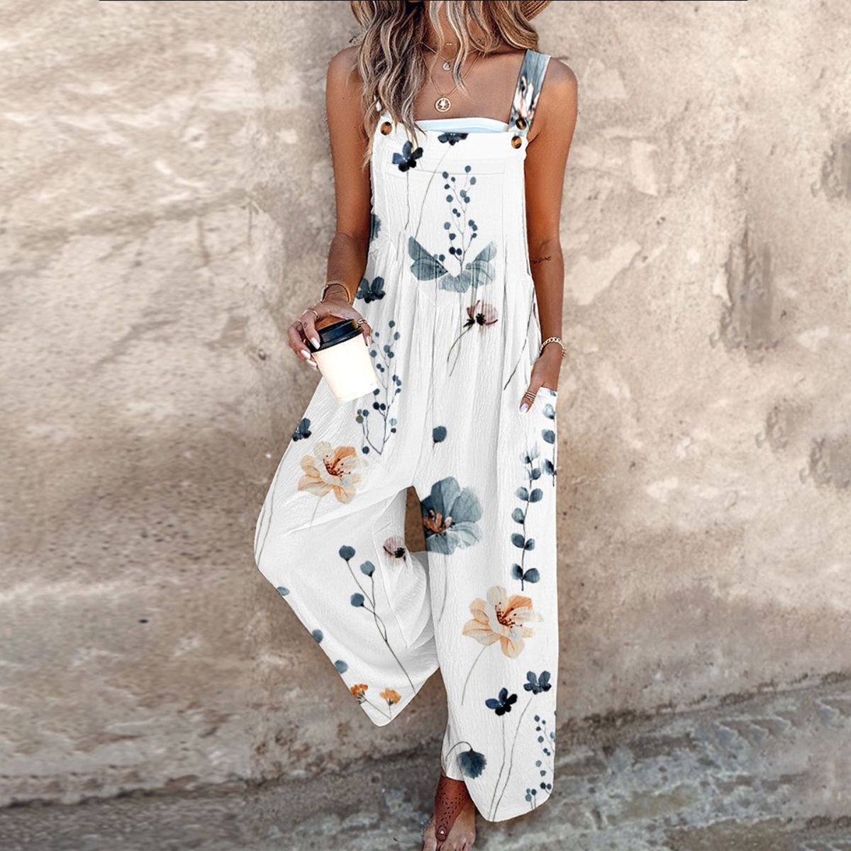 Effortless Floral Wide Leg Jumpsuit for Women with Square Neck Sleeveless Button Strap Relaxed Bohemian Style