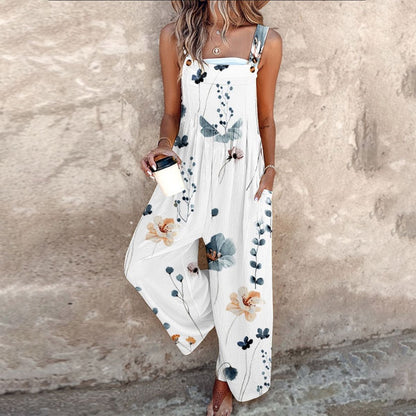 Effortless Floral Wide Leg Jumpsuit for Women with Square Neck Sleeveless Button Strap Relaxed Bohemian Style