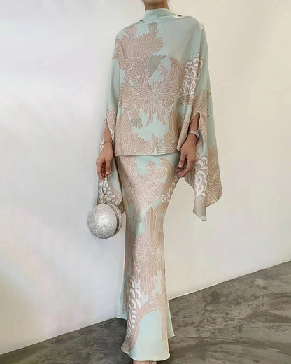 Effortless Printed Satin Maxi Dress for Women with Batwing Sleeve Floor Length Kimono Style