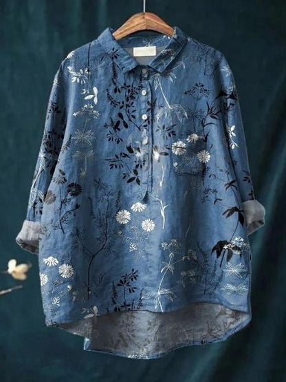 Effortless Floral Blouse for Women with Collar Long Sleeve Button Front High Low Hem Style