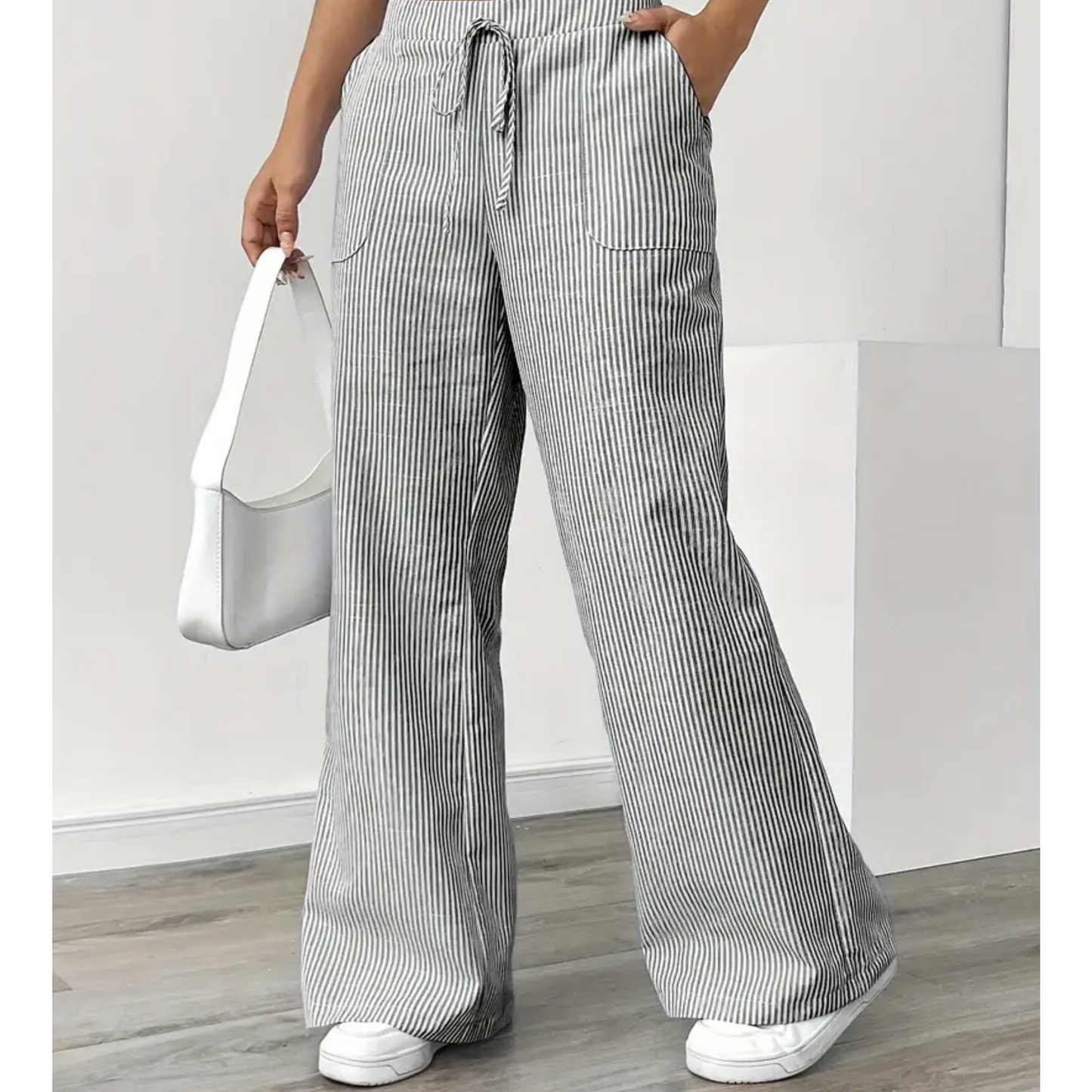 Effortless Striped Wide Leg Pants for Women with High Waist Drawstring Side Pocket Relaxed Casual Style