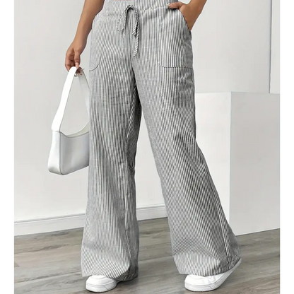 Effortless Striped Wide Leg Pants for Women with High Waist Drawstring Side Pocket Relaxed Casual Style