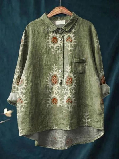 Effortless Floral Blouse for Women with Collar Long Sleeve Button Front High Low Hem Style