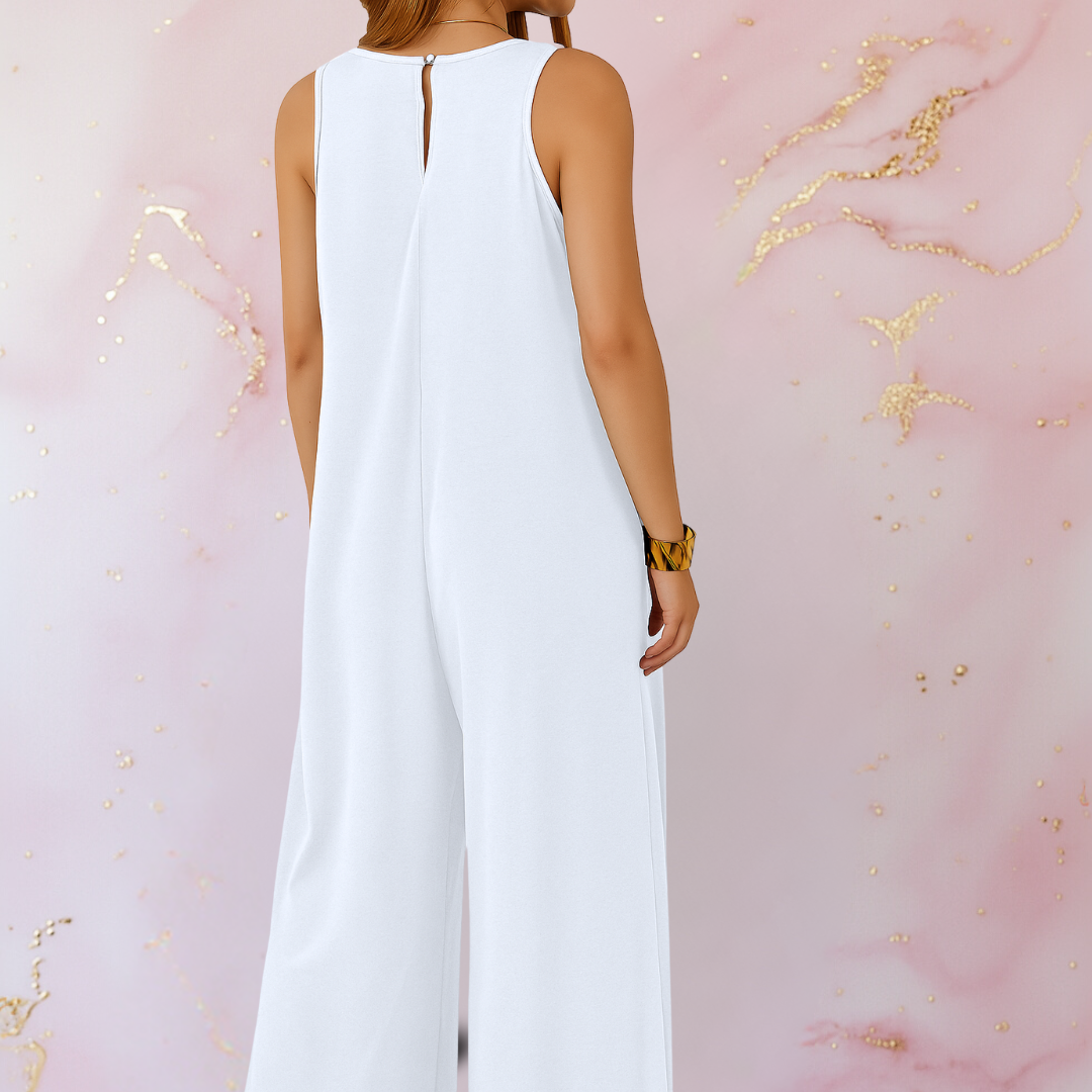 Effortless Wide Leg Jumpsuit for Women with V Neck Sleeveless Pocket Relaxed Flowing Style