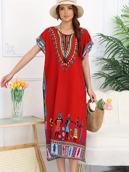 Effortless Dashiki Print Kaftan Dress for Women with V Neck Short Sleeve Relaxed Bohemian Style