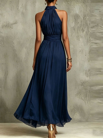 Elegant Halter Maxi Dress for Women with Pleated Chiffon Flowing Skirt Formal Wedding Guest Style