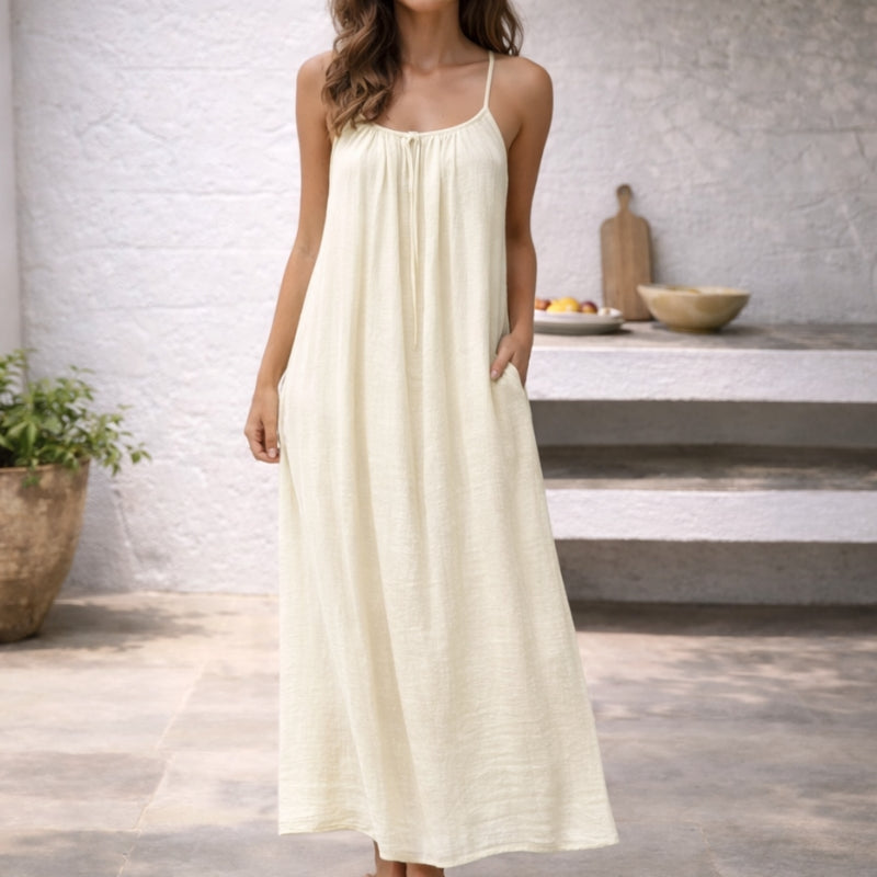 Effortless Linen Maxi Dress for Women with Scoop Neck Spaghetti Strap Flowing Bohemian Style