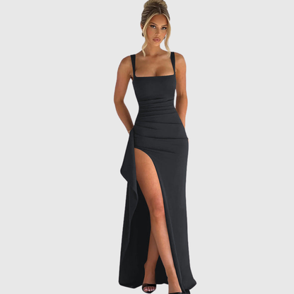Elegant Satin Maxi Dress for Women with Square Neck Corset Bodice Thigh Slit Formal Wedding Guest Style