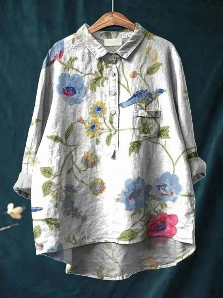Effortless Floral Blouse for Women with Collar Long Sleeve Button Front High Low Hem Style