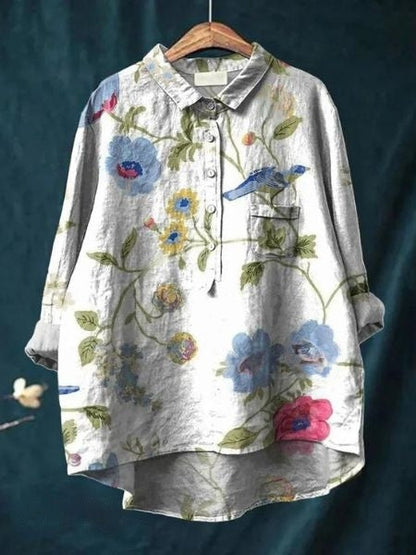 Effortless Floral Blouse for Women with Collar Long Sleeve Button Front High Low Hem Style