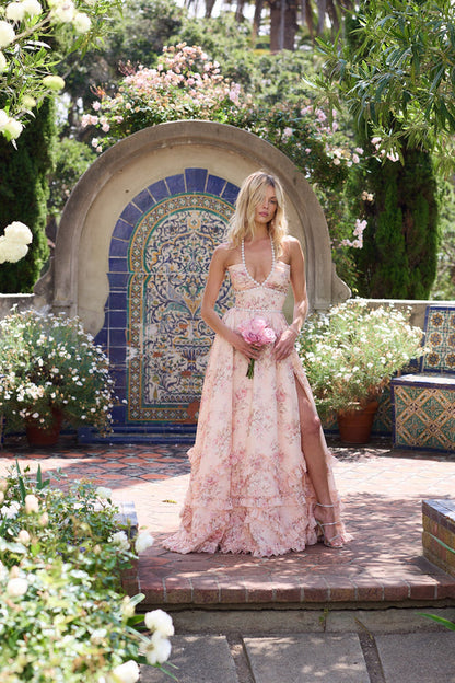 Elegant Floral Lace Maxi Dress for Women with Plunge Neckline Side Slit Formal Wedding Guest Style