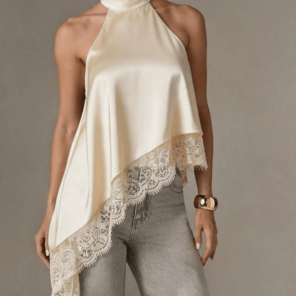 Elegant Satin Lace Trim Blouse for Women with Halter Neck Sleeveless Asymmetric Hem Silky Style