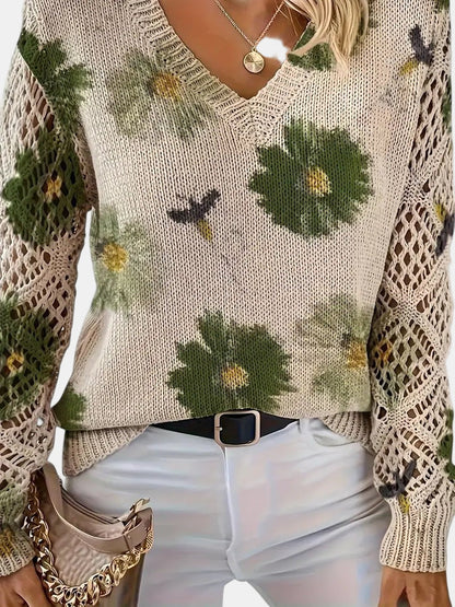Comfortable Floral Print Sweater for Women with V Neck Long Sleeve Crochet Lace Oversized Knit Style