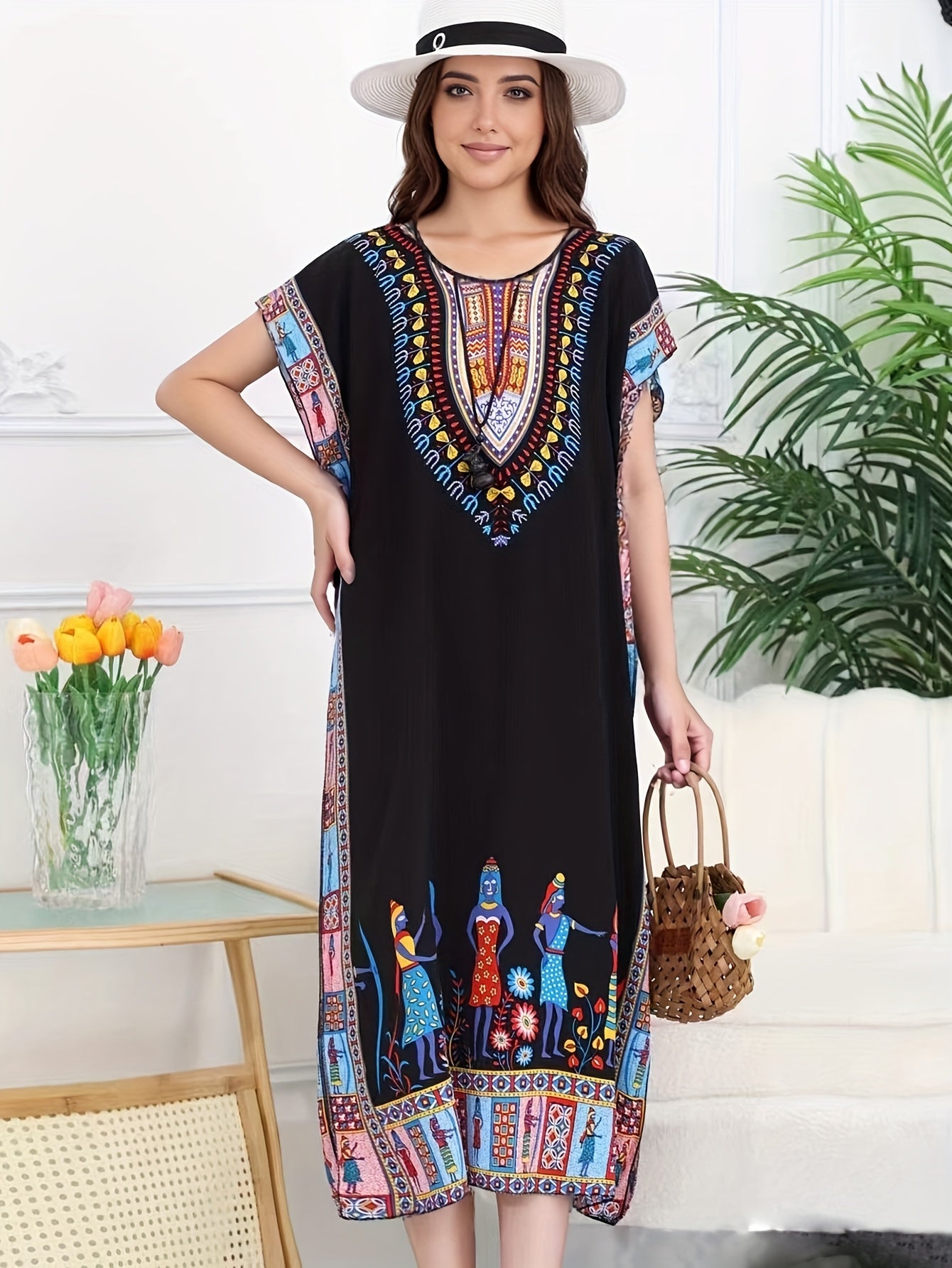 Effortless Dashiki Print Kaftan Dress for Women with V Neck Short Sleeve Relaxed Bohemian Style