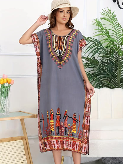 Effortless Dashiki Print Kaftan Dress for Women with V Neck Short Sleeve Relaxed Bohemian Style