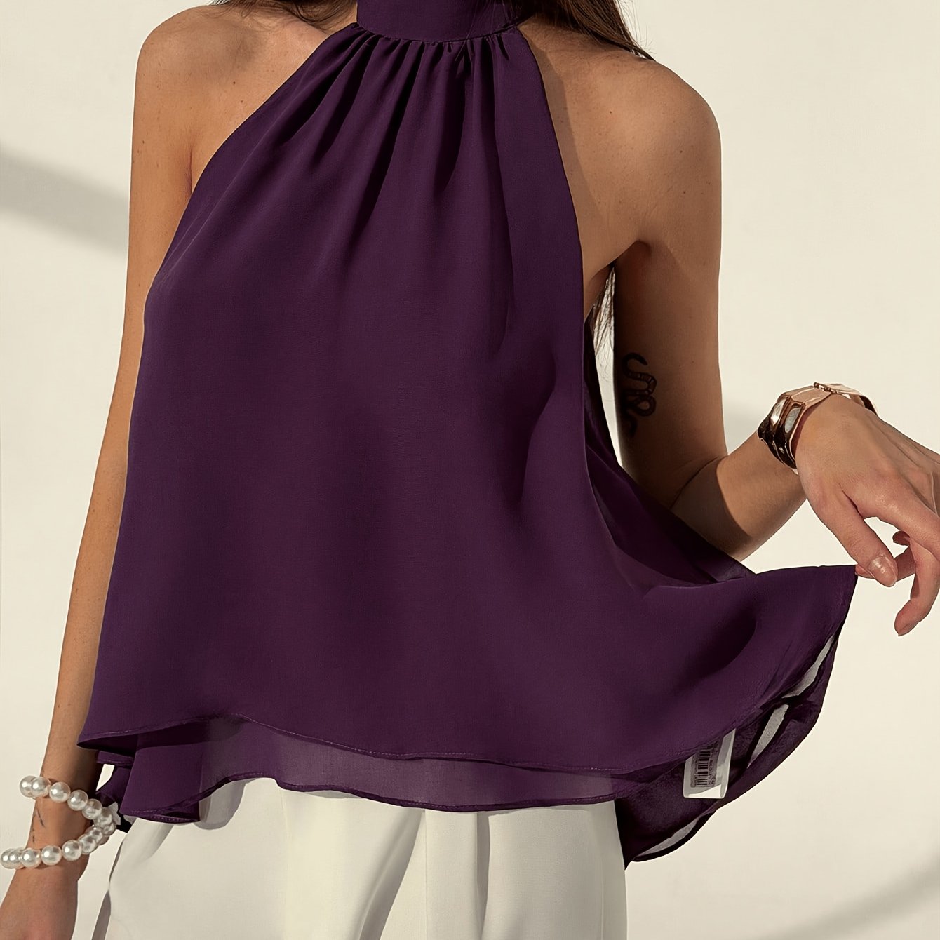 Elegant Purple Chiffon Halter Top for Women with High Neck Sleeveless Asymmetric Hem Flowing Style