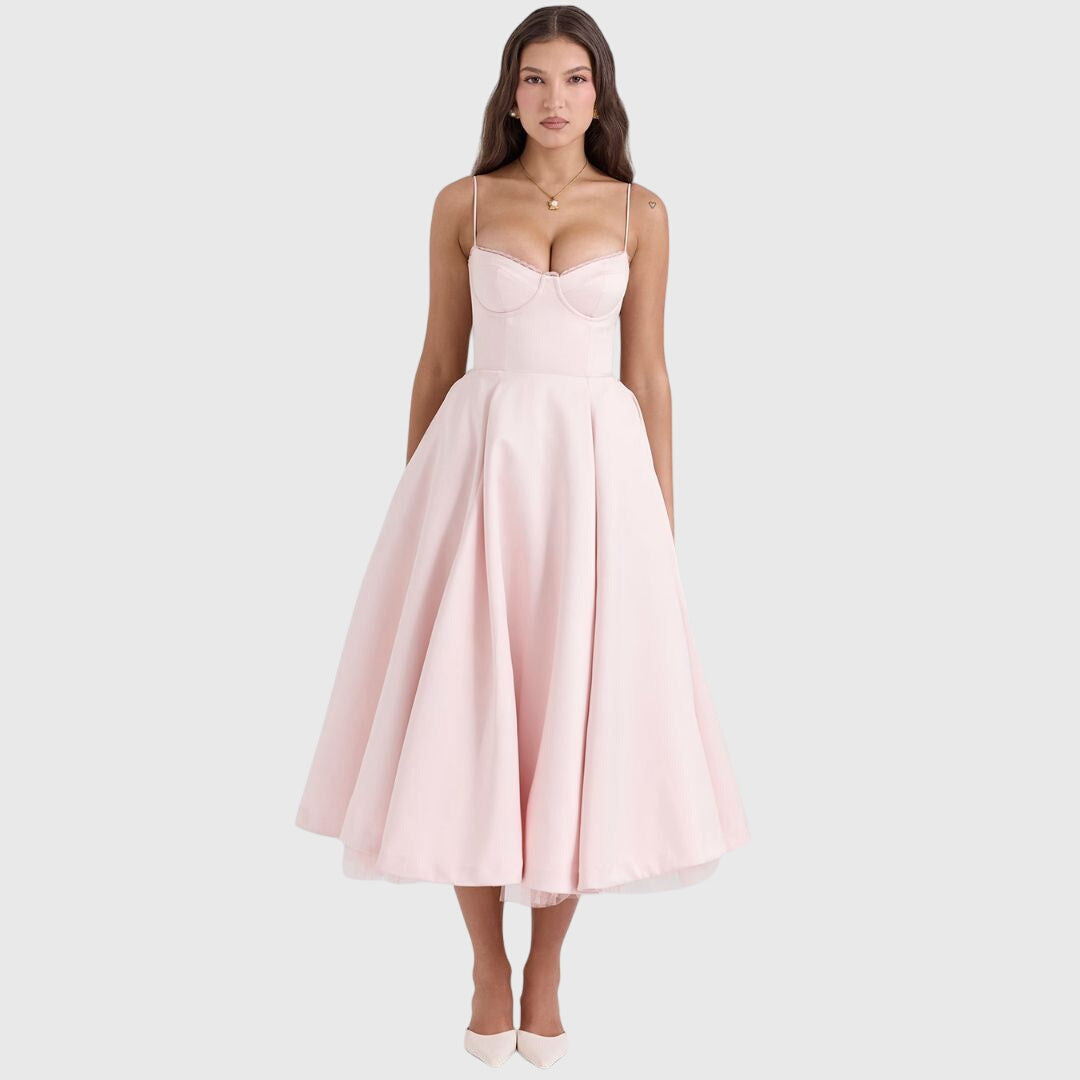 Elegant Strapless Midi Dress for Women with Sweetheart Neckline Full Skirt Formal Wedding Guest Style