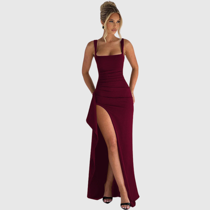 Elegant Satin Maxi Dress for Women with Square Neck Corset Bodice Thigh Slit Formal Wedding Guest Style