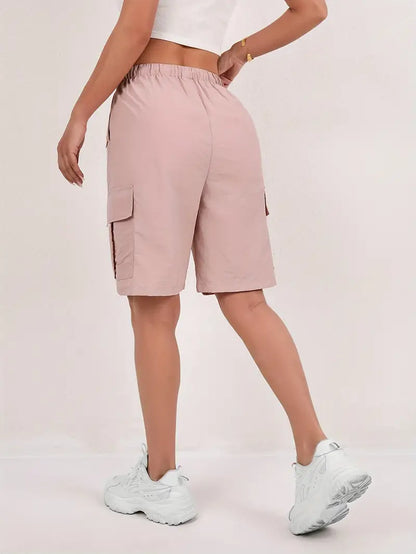 Effortless Pink Cargo Shorts for Women with Elastic Waist Drawstring Flap Pocket Relaxed Casual Style