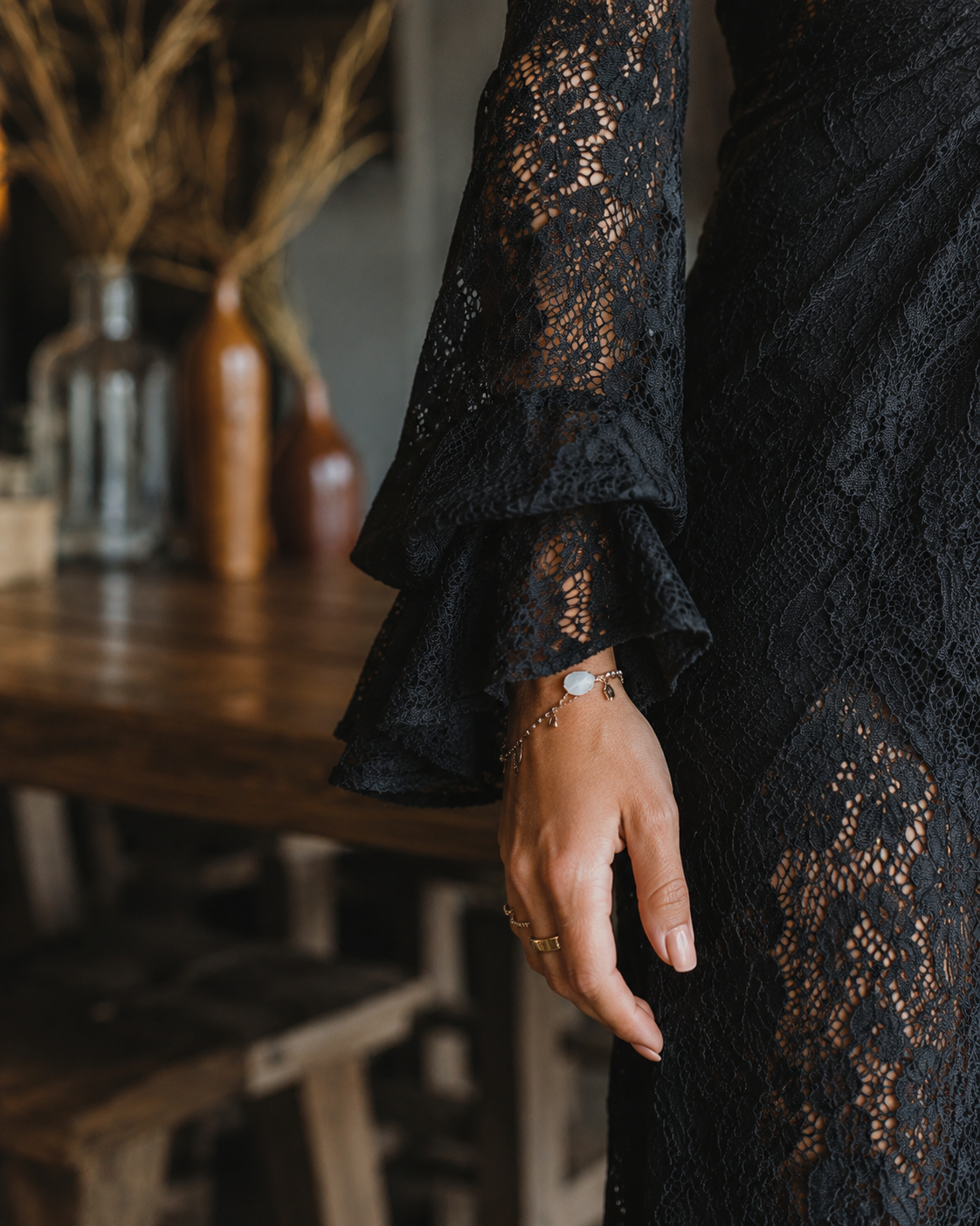 Elegant Black Lace Maxi Dress for Women with V Neck Bell Sleeve Sheer Bohemian Style