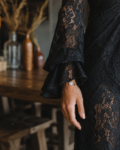 Elegant Black Lace Maxi Dress for Women with V Neck Bell Sleeve Sheer Bohemian Style