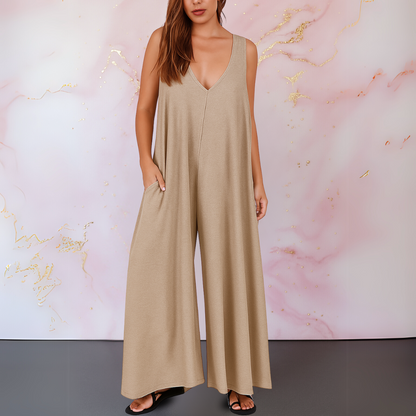 Effortless Wide Leg Jumpsuit for Women with V Neck Sleeveless Pocket Relaxed Flowing Style