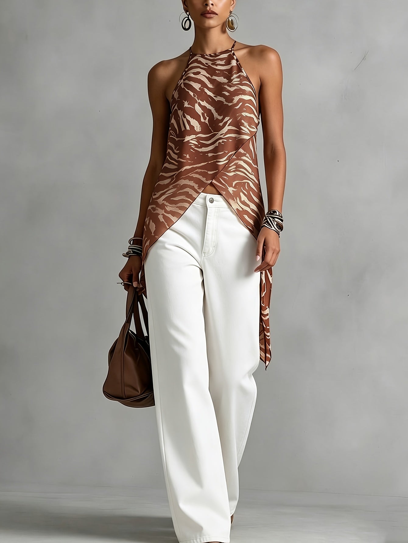 Effortless Brown Zebra Print Halter Top for Women with High Neck Sleeveless Wrap Front Flowing Style