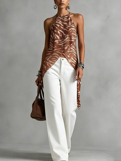 Effortless Brown Zebra Print Halter Top for Women with High Neck Sleeveless Wrap Front Flowing Style