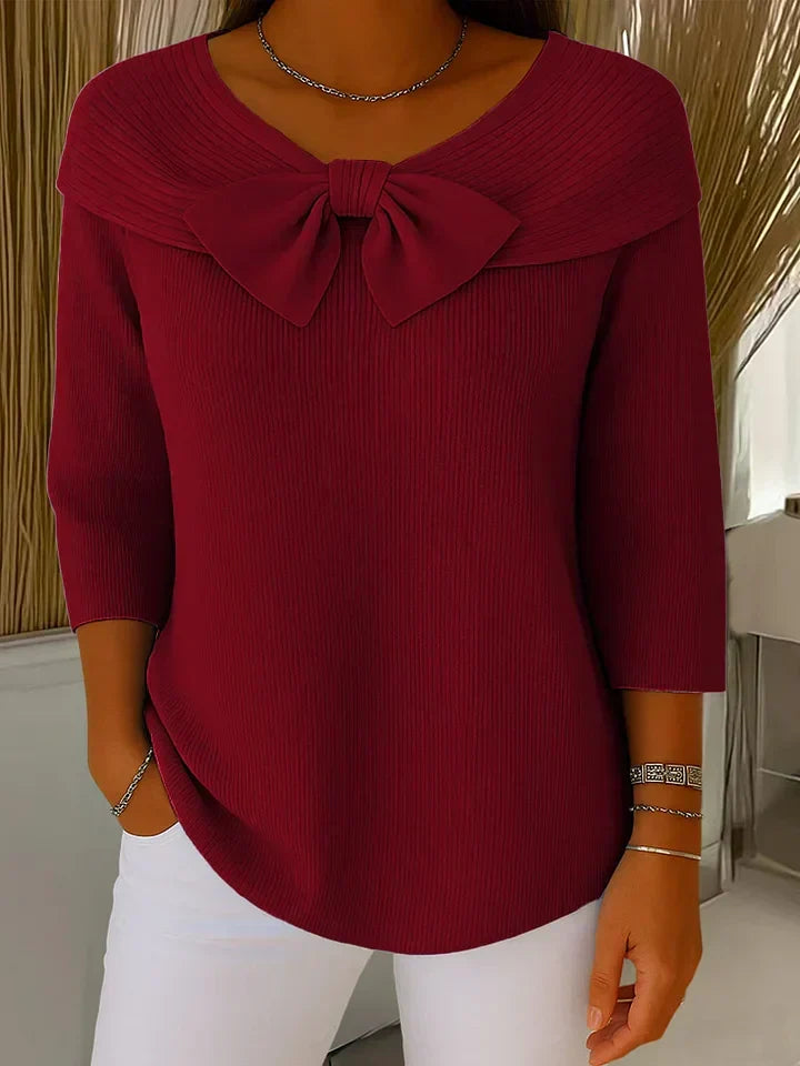Comfortable Ribbed Knit Sweater for Women with Bow Neck Elbow Sleeve Foldover Collar Relaxed Style