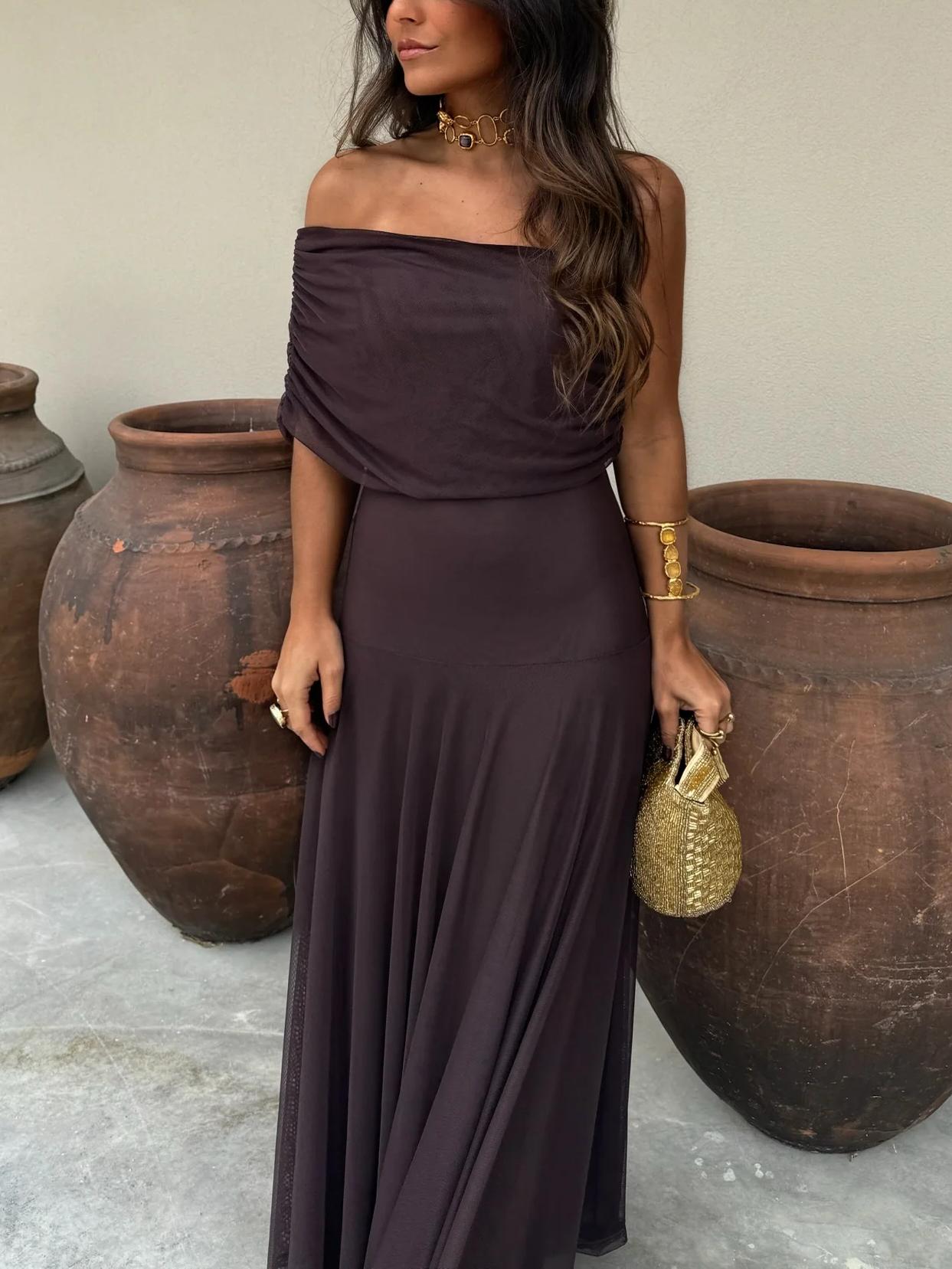 Elegant Sheer Mesh Maxi Dress for Women with Off Shoulder Short Sleeve Ruched Flowing Style