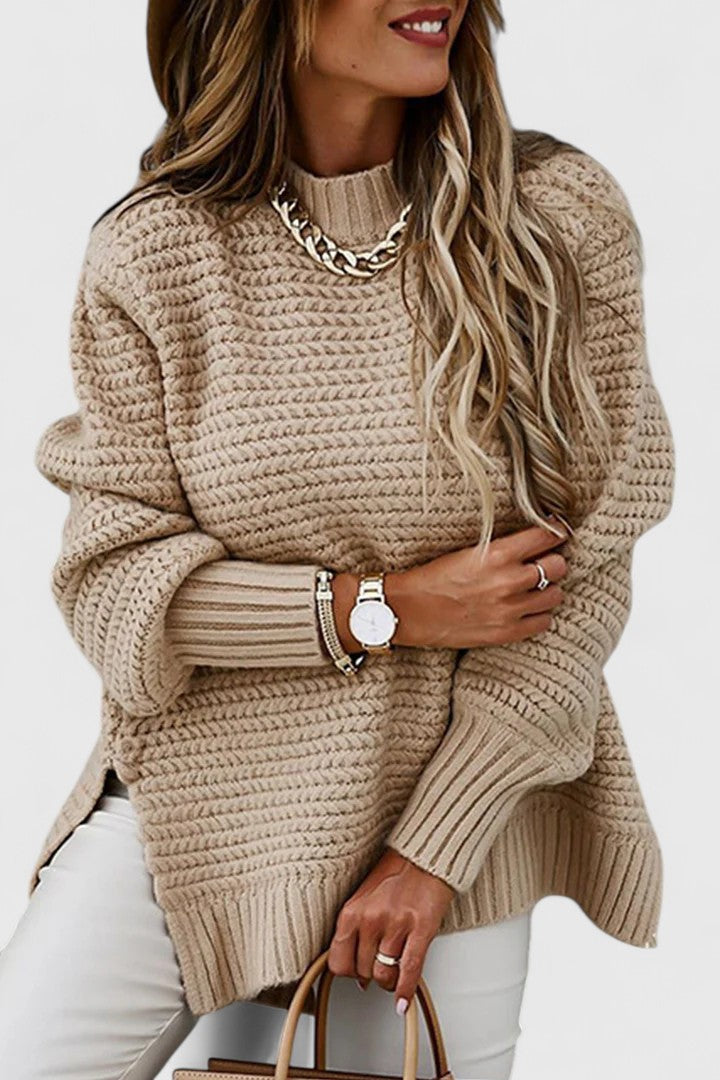 Comfortable Cable Knit Sweater for Women with High Neck Long Sleeve Side Slit Oversized Style