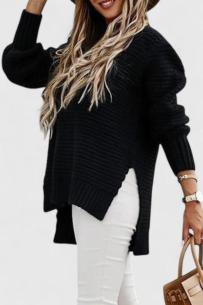 Comfortable Cable Knit Sweater for Women with High Neck Long Sleeve Side Slit Oversized Style