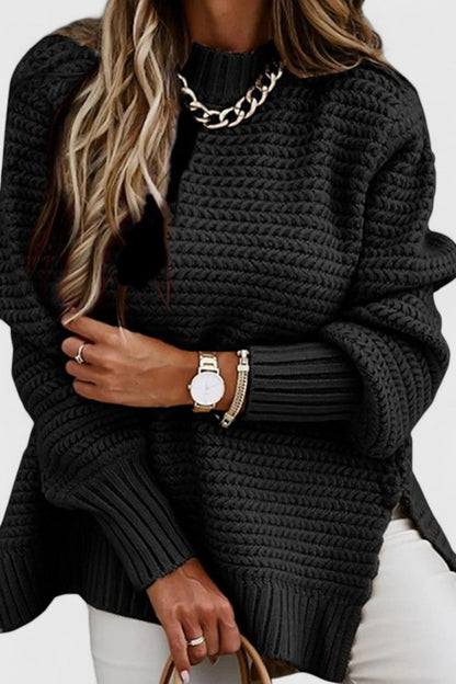 Comfortable Cable Knit Sweater for Women with High Neck Long Sleeve Side Slit Oversized Style