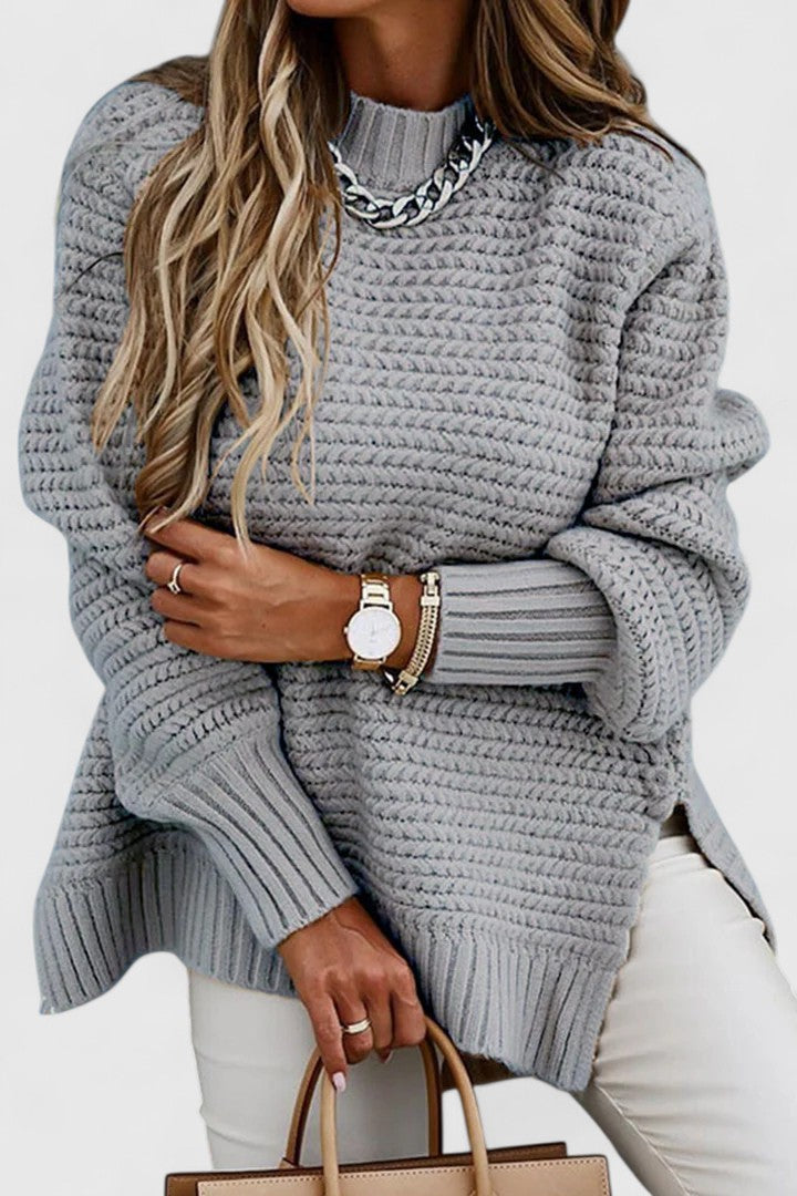 Comfortable Cable Knit Sweater for Women with High Neck Long Sleeve Side Slit Oversized Style