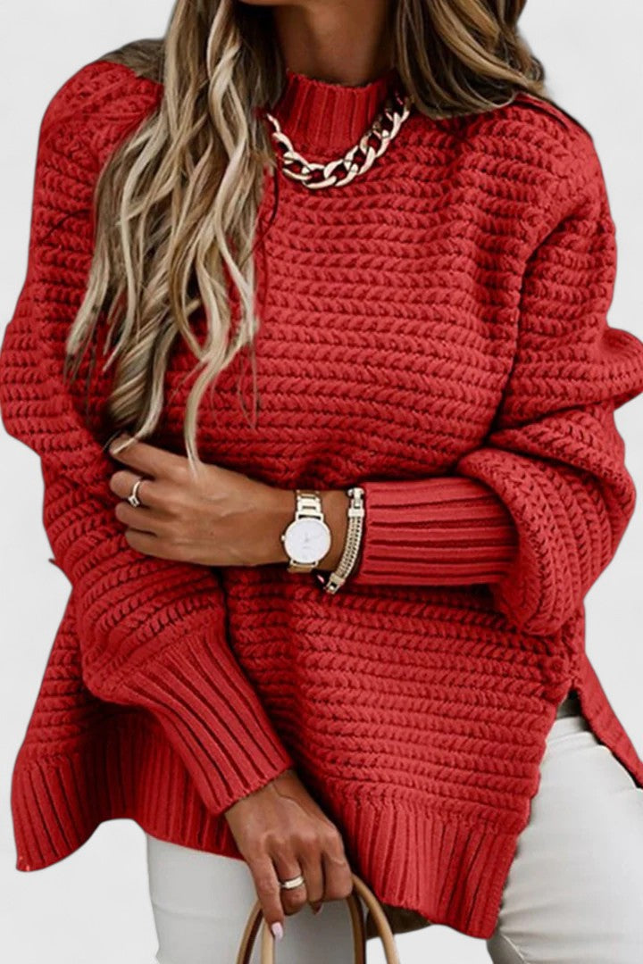 Comfortable Cable Knit Sweater for Women with High Neck Long Sleeve Side Slit Oversized Style