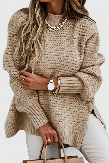 Comfortable Cable Knit Sweater for Women with High Neck Long Sleeve Side Slit Oversized Style