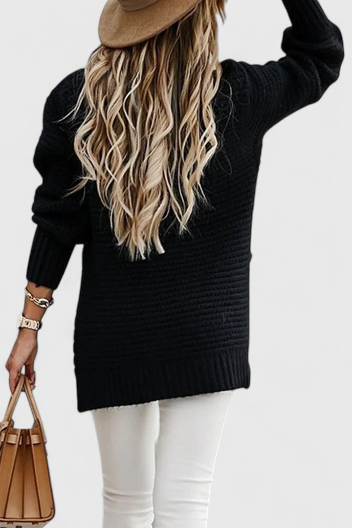 Comfortable Cable Knit Sweater for Women with High Neck Long Sleeve Side Slit Oversized Style