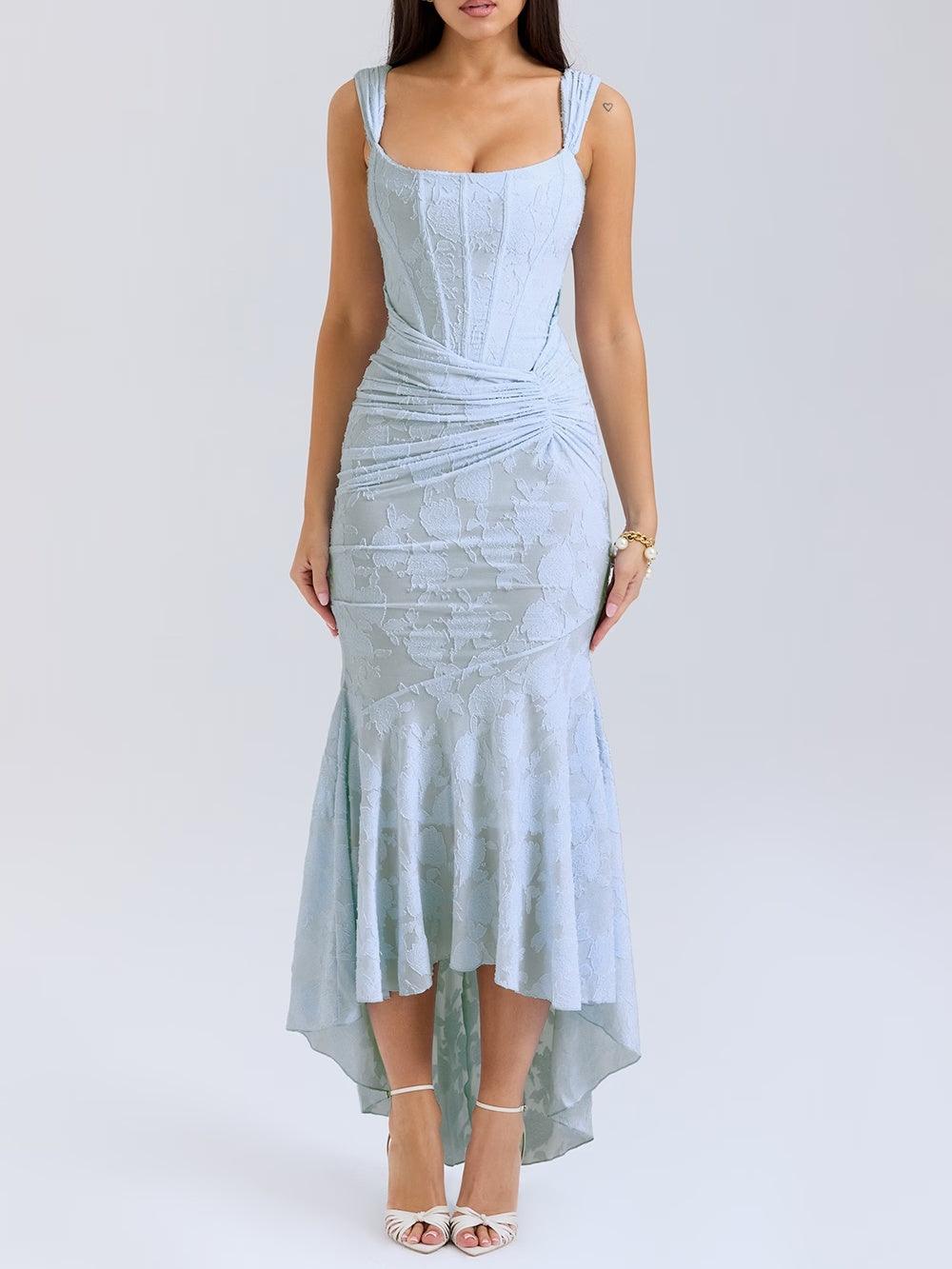 Elegant Floral Lace Maxi Dress for Women with Square Neck Sleeveless Corset Ruched Mermaid Style