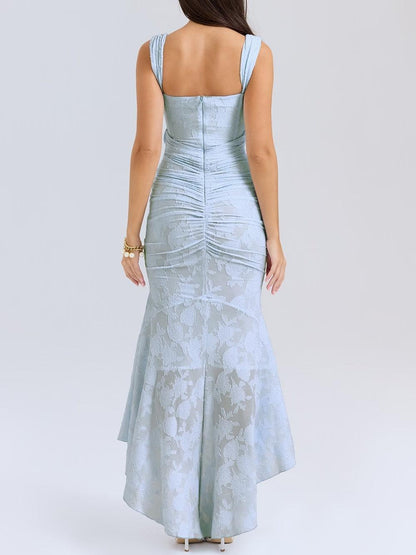 Elegant Floral Lace Maxi Dress for Women with Square Neck Sleeveless Corset Ruched Mermaid Style
