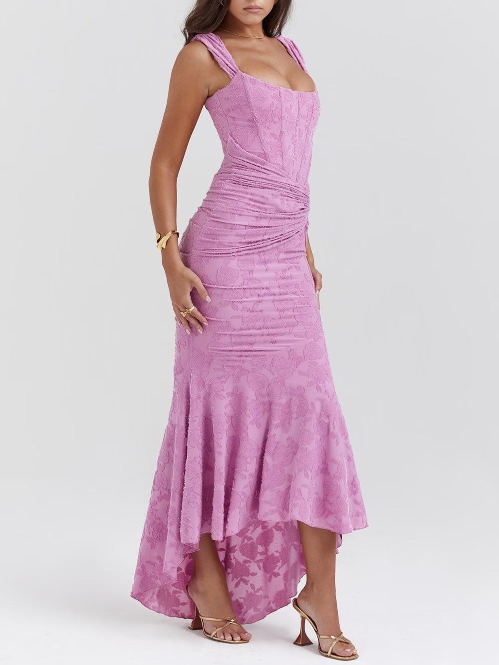 Elegant Floral Lace Maxi Dress for Women with Square Neck Sleeveless Corset Ruched Mermaid Style