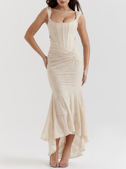 Elegant Floral Lace Maxi Dress for Women with Square Neck Sleeveless Corset Ruched Mermaid Style