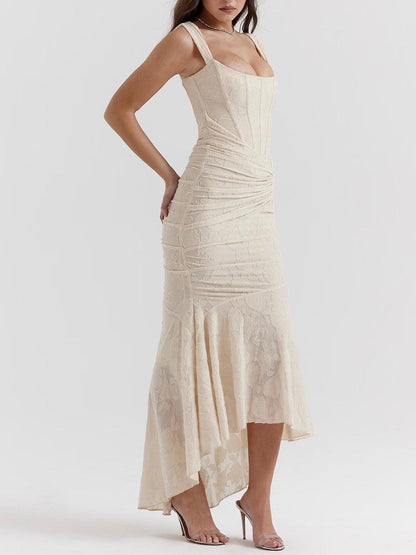 Elegant Floral Lace Maxi Dress for Women with Square Neck Sleeveless Corset Ruched Mermaid Style