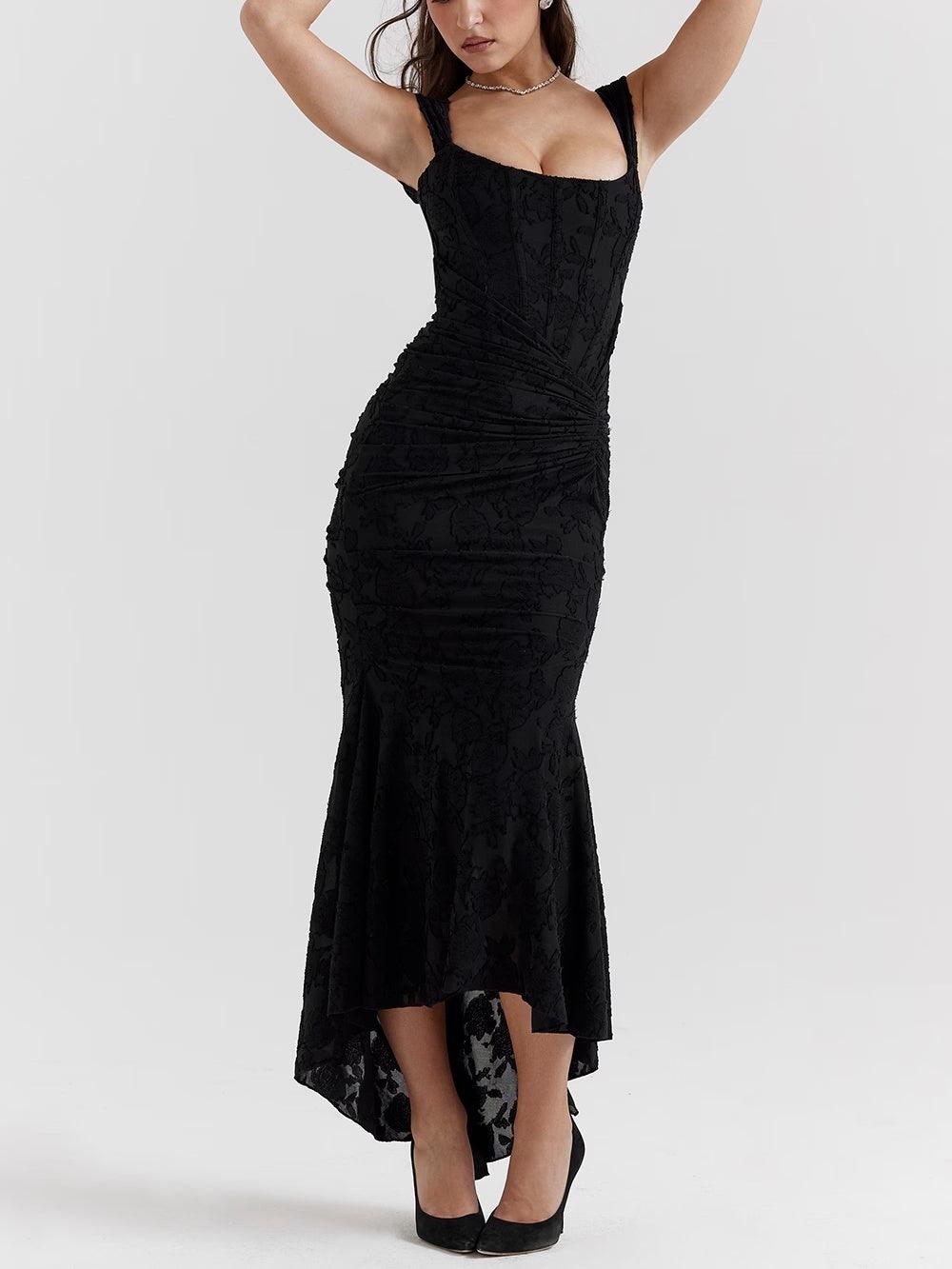 Elegant Floral Lace Maxi Dress for Women with Square Neck Sleeveless Corset Ruched Mermaid Style