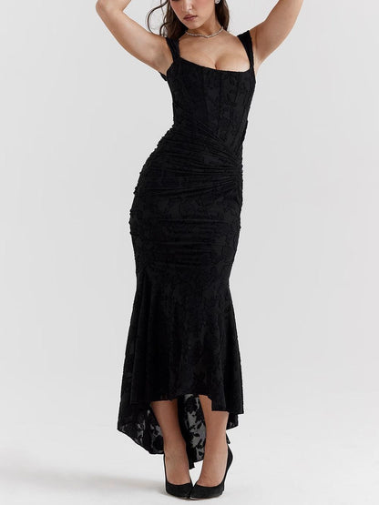 Elegant Floral Lace Maxi Dress for Women with Square Neck Sleeveless Corset Ruched Mermaid Style