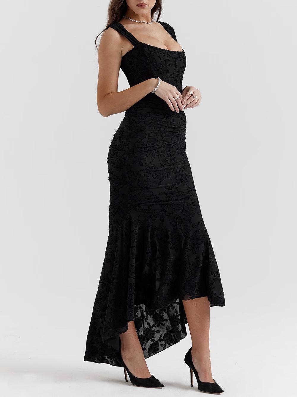 Elegant Floral Lace Maxi Dress for Women with Square Neck Sleeveless Corset Ruched Mermaid Style