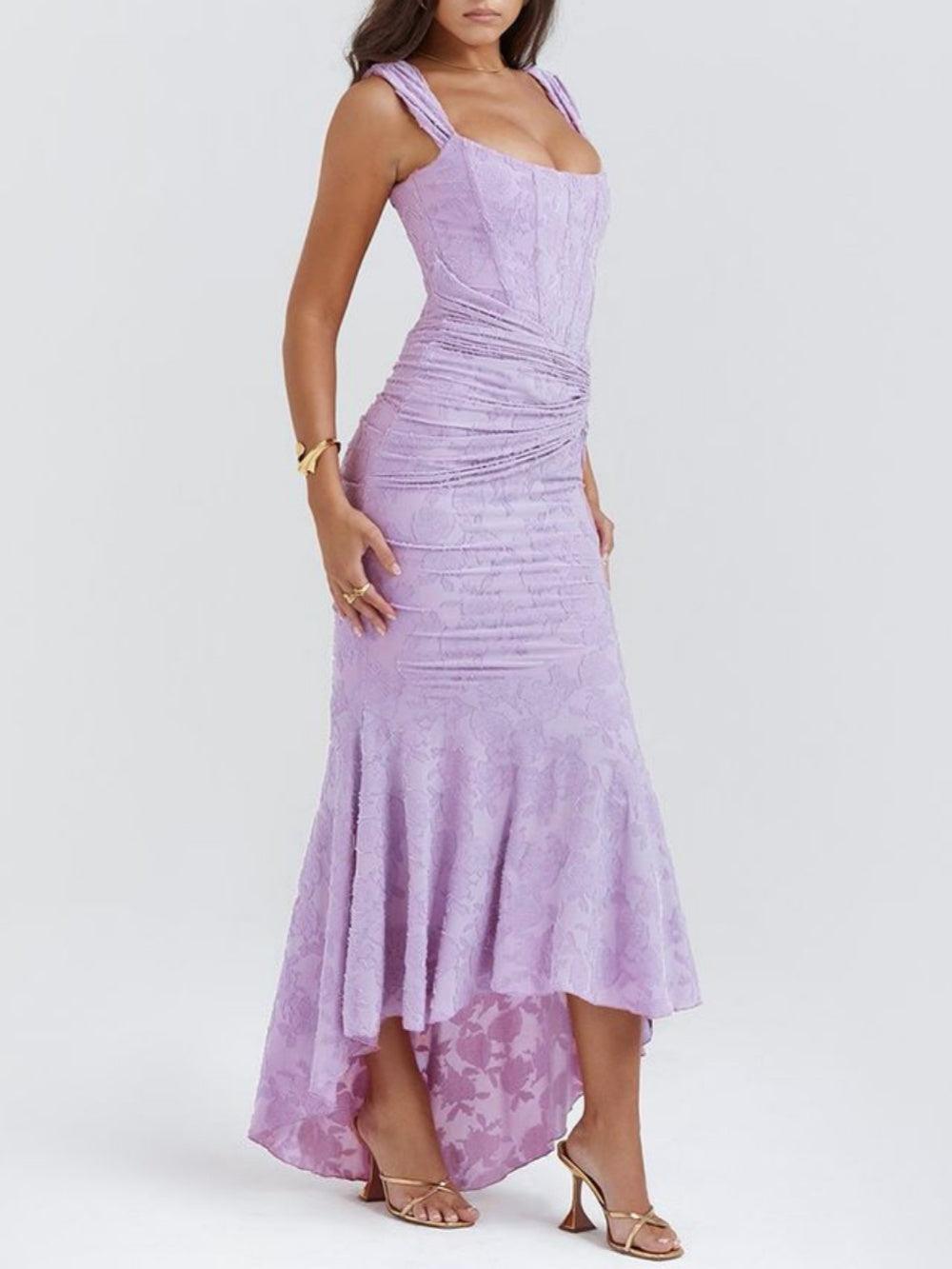 Elegant Floral Lace Maxi Dress for Women with Square Neck Sleeveless Corset Ruched Mermaid Style