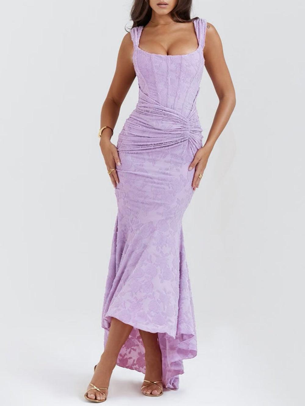 Elegant Floral Lace Maxi Dress for Women with Square Neck Sleeveless Corset Ruched Mermaid Style